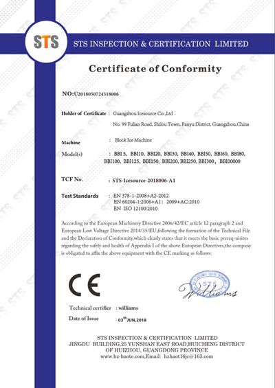 Certification CE pour la machine à glace en écailles
