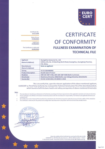 Certificat CE pour le congélateur à double spirale