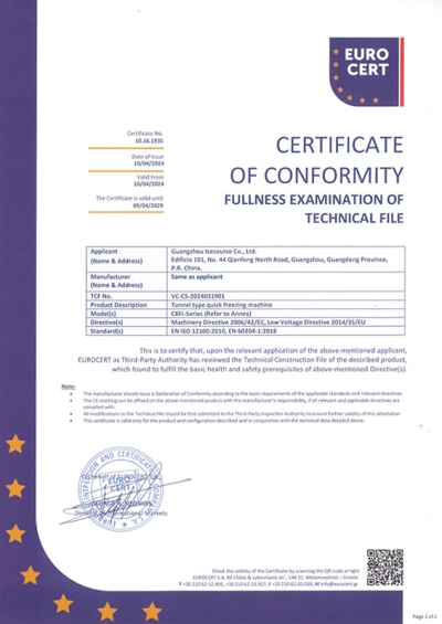 Certificat CE pour la machine de congélation rapide de type tunnel